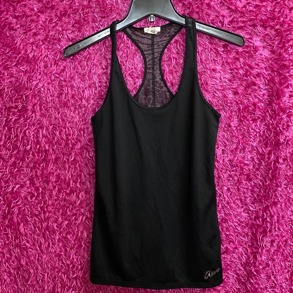 Aero black tank top, sheer, black solid front